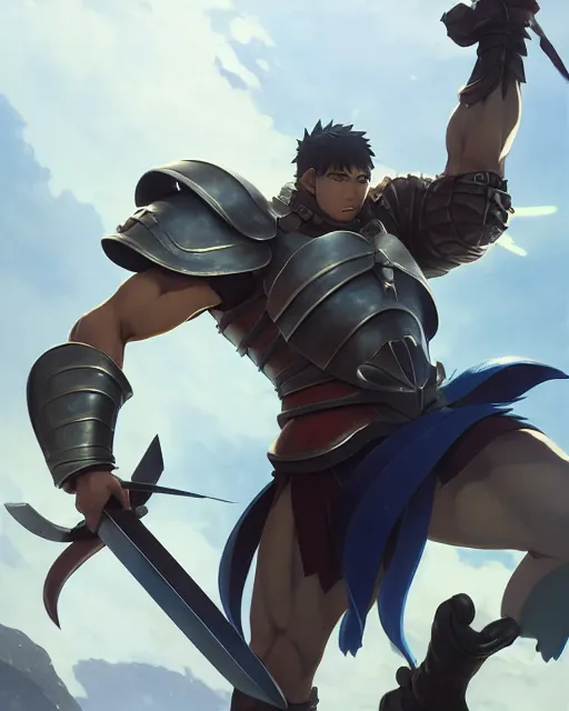 Image similar to strong muscular warrior with a greatsword and fully clad in plate armor, dramatic action pose, square masculine facial features, short messy hair, 3 d octane render, unreal engine 5, ultra high detail, cel shaded, trending on pixiv fanbox, by greg rutkowski makoto shinkai takashi takeuchi studio ghibli, akihiko yoshida