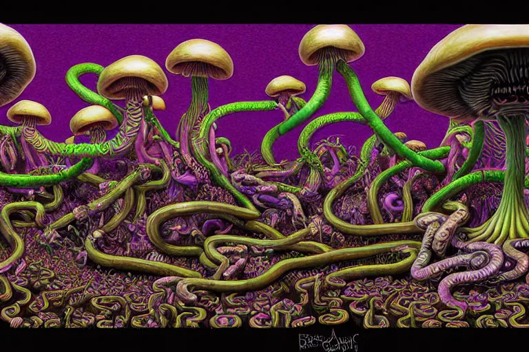 Image similar to a detailed digital art painting of a cell shaded cyberpunk ornate magick oni demon with occult futuristic effigy of a beautiful field of mushrooms that is a adorable ferret atomic latent snakes in between lizard biomorphic molecular psychedelic hallucinations in the style of escher, alex grey, stephen gammell inspired by realism, symbolism, magical realism and dark fantasy, crisp