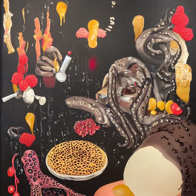 Image similar to sensual, a portrait in a female art student's bedroom, black walls, a woman sitting on a bed made of pancakes, honey dripping, berries dripping, chocolate, surgical supplies, ikebana, octopus, neo - expressionism, surrealism, acrylic and spray paint and oilstick on canvas