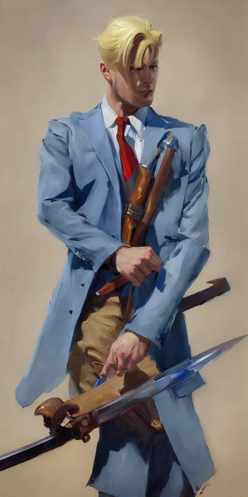 Image similar to greg manchess portrait painting of a blond man in a blue suit with a sword and a pistol, asymmetrical, profile picture, organic painting, sunny day, matte painting, bold shapes, hard edges, street art, trending on artstation, by huang guangjian, gil elvgren, ruan jia, randy vargas, greg rutkowski