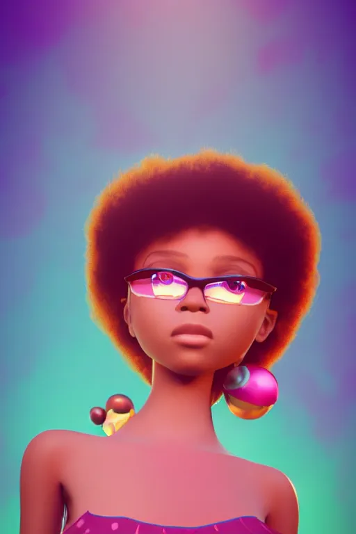 Image similar to a centered render of a cute cool afro disco girl from the seventies, by dreamworks, by pixar, by viktoria gavrilenko, by leticia gillett, by lois van baarle, perfect face, 3 d, 8 k