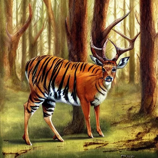 Image similar to !!! deer and!!! tiger standing close to each other in sherwood forest by esao andrews