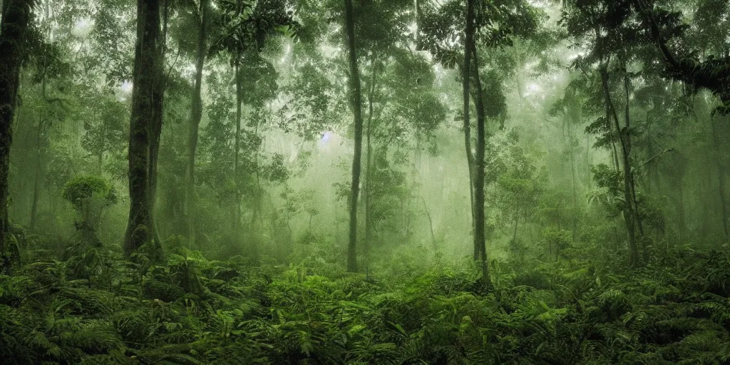 Image similar to ultra wide angle matte painting of a rainy, wet, very green congo forest, majestic!!! beautiful!!!, ethereal!!! ultra realistic, golden hour, volumetric lighting, sharp focus