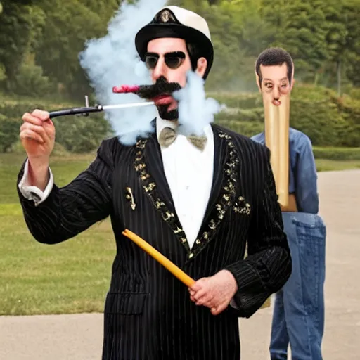 Prompt: Sacha Baron Cohen as borat smoking a giant rolled cannabis cigarette, 8k, hyper-detailed, smoke