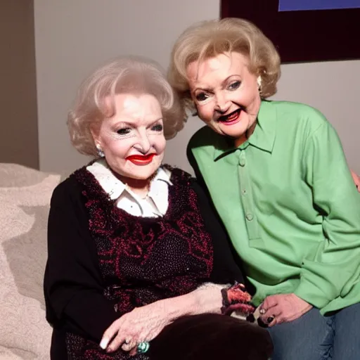 Image similar to betty white hanging out with a terrifying grotesque monster