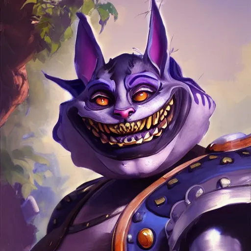 Prompt: greg manchess portrait painting of partially armored cheshire cat from alice in wonderland as overwatch character, medium shot, asymmetrical, profile picture, organic painting, sunny day, matte painting, bold shapes, hard edges, street art, trending on artstation, by huang guangjian, gil elvgren, ruan jia, randy vargas, greg rutkowski