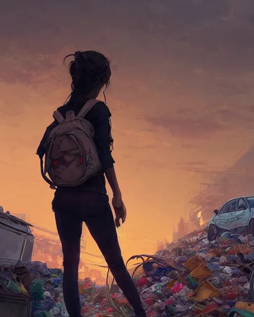 Image similar to poor detailed girl with backpack standing at cars looking for food at garbage dump, destroyed cars, city is pure wasteland, moody sunset in background, greg rutkowski, alphonse mucha, trending on artstation, artgerm, unreal engine, breathtaking, award winning, highly detailed