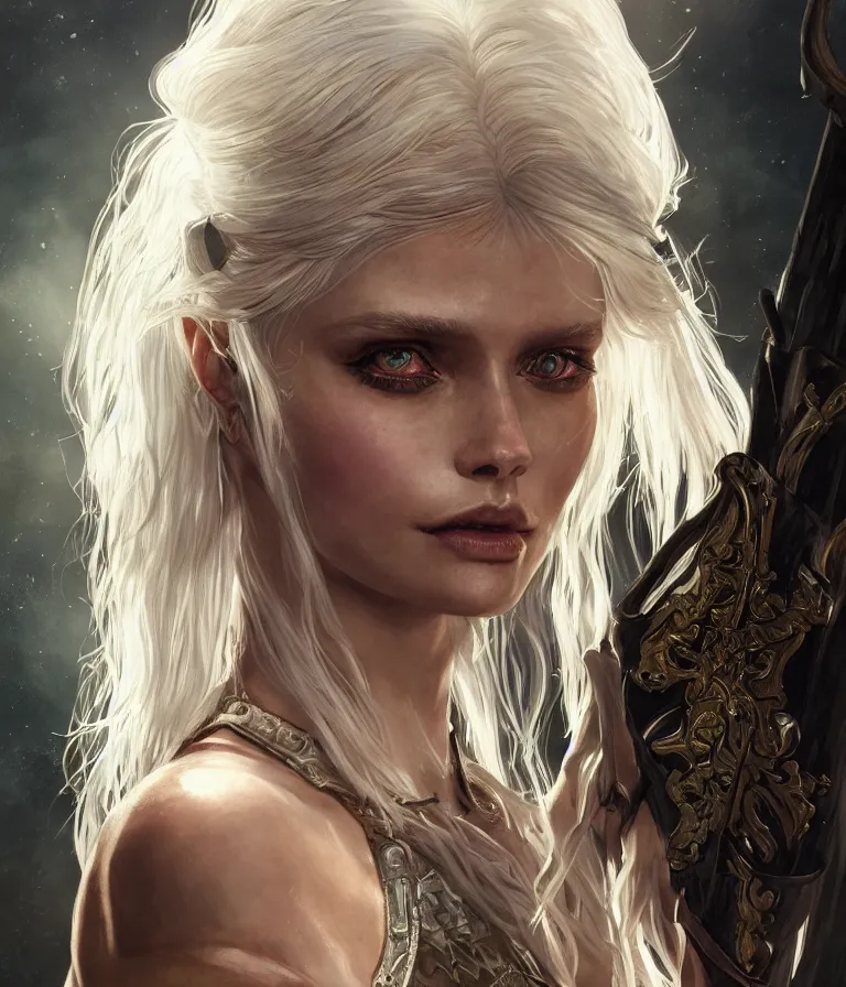Image similar to Abbey Lee as Ciri in The Witcher 3, intricate, elegant, highly detailed, digital painting, artstation, concept art, smooth, sharp focus, illustration, art by artgerm and greg rutkowski and alphonse mucha,