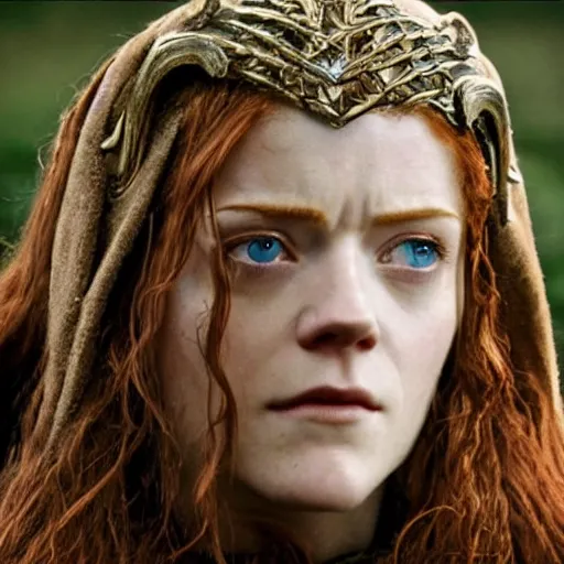 Image similar to Rose Leslie as Eowyn, Lord of the Rings, film still, high detail