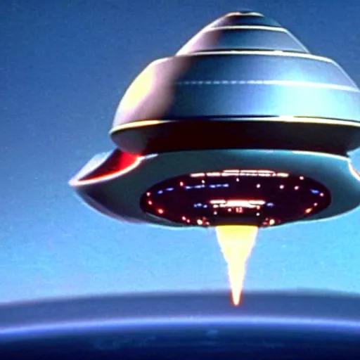 Prompt: the spaceship from Flight of the navigator arriving home on faelon,