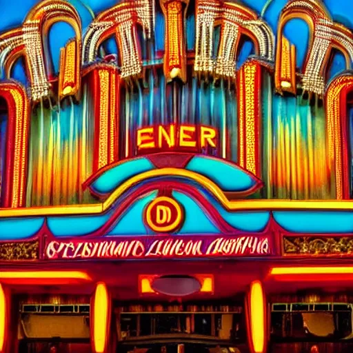 Image similar to an ornate art deco movie theater, dslr, beautiful, colorful,