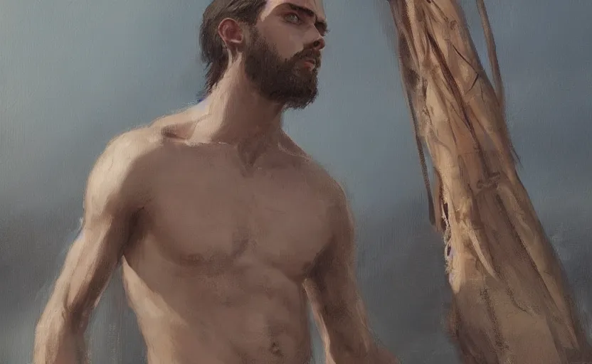 Image similar to a painting of the all father trending on artstation in the style of greg rutkowski, beautiful, young male, sensual, wise, natural skin, leader, 1 9 0 0 s, industrialization, loin cloth