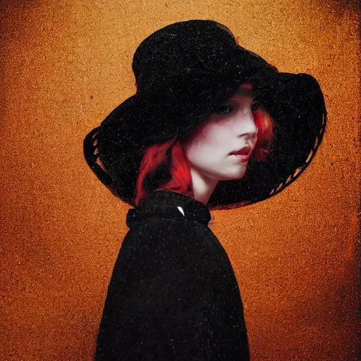 Image similar to half - length portrait of girl in a red hat and black dress, fine art portrait photography by paolo roversi, volumetric lighting, very detailed, high resolution,