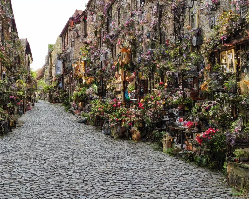 Prompt: cobblestone streets filled with fae, cobblestone, faerie, fanciful