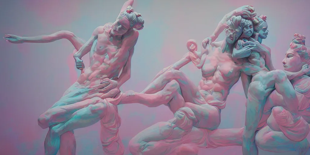 Prompt: greek sculpture of intertwined bodies painted by james jean in pastel colors. artwork by Tooth Wu and wlop and beeple and dan mumford and greg rutkowski and nekroxiii. halo. octane render, cinematic, hyper realism, octane render, 8k, depth of field, bokeh. iridescent accents. vibrant.