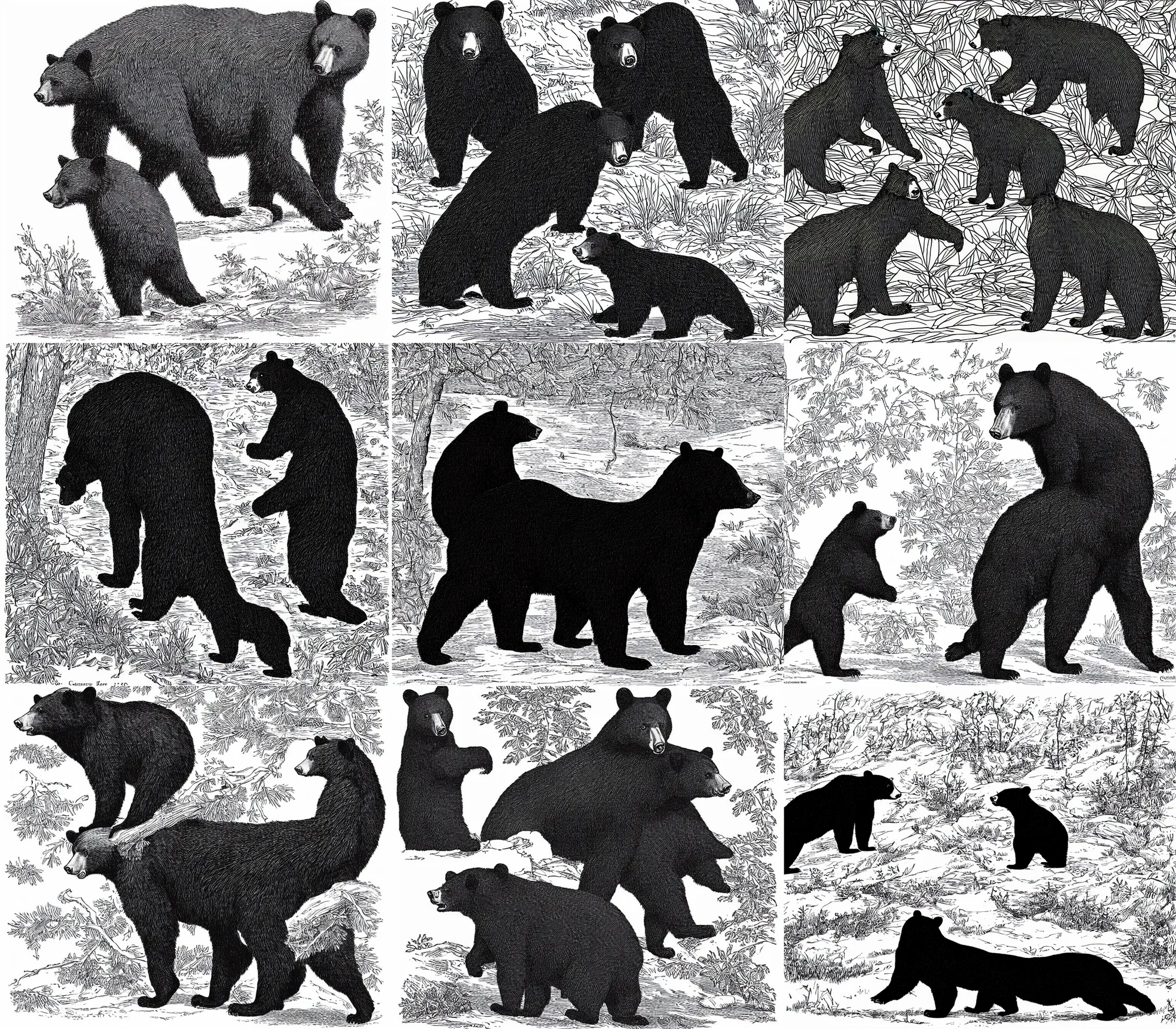 Prompt: black bear alone against a white background, by Currier and Ives, coloring book page, black and white, vector art