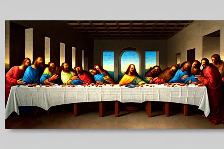 Prompt: jesus christ on a mac during the last supper by leonardo davinci