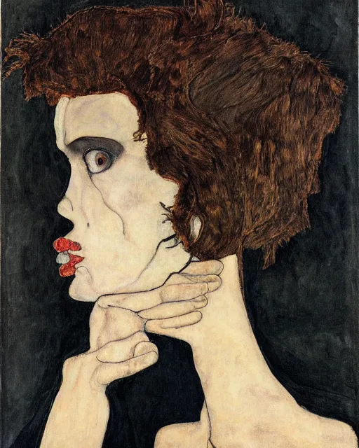 Image similar to A goth portrait painted by Egon Schiele. Her hair is dark brown and cut into a short, messy pixie cut. She has a slightly rounded face, with a pointed chin, large entirely-black eyes, and a small nose. She is wearing a black tank top, a black leather jacket, a black knee-length skirt, a black choker, and black leather boots.