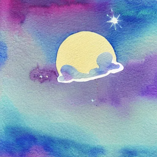 Prompt: low - angel view from 1 0 0 0 meters distance, cute uap interstellar vehicle on top of an ephemeral rainbow in the sky, muted watercolor. minimalist, detailed, heavy under paint, muted colors. ue 5