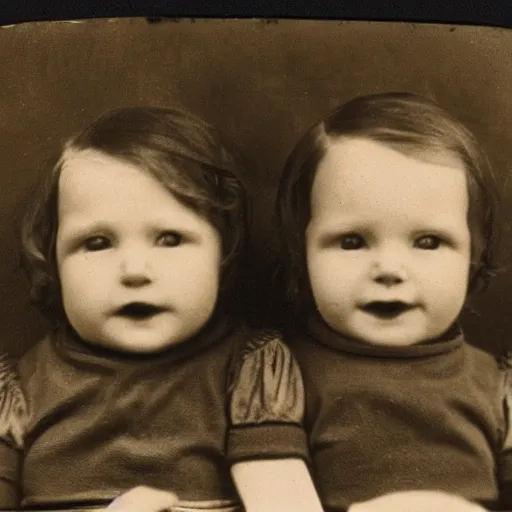 Image similar to photograph of conjoined twins from the 1930s, sepia,