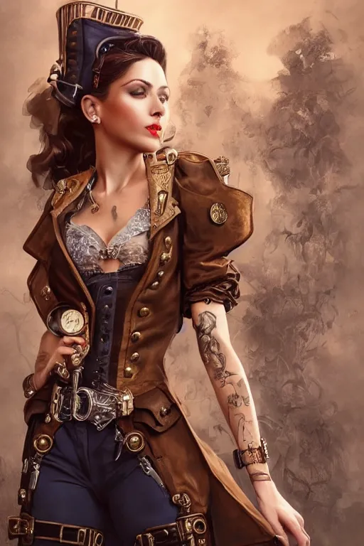 Prompt: full body photo of a gorgeous young woman wearing a steampunk outfit in the style of stefan kostic, realistic, sharp focus, 8k high definition, insanely detailed, intricate, elegant, art by stanley lau and artgerm