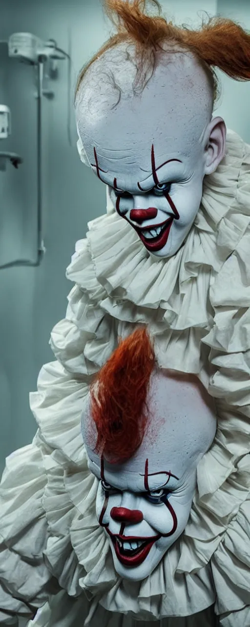 Image similar to a portrait of pennywise dressed as a doctor in a hospital, hyperdetailed, intricate, dramatic, horror movie, movie still, 4 k realistic, volumetric lighting, sharp focus