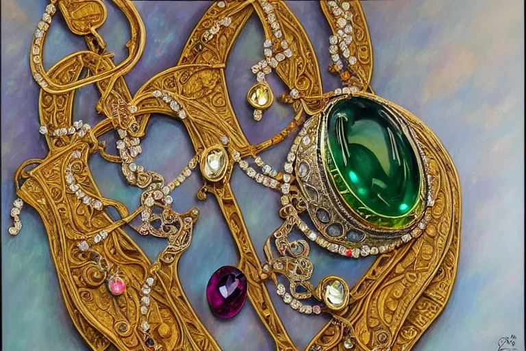 Image similar to highly detailed oil painting, front view, very realistic gemstones, art nouveau, ornate, delicate, brilliant precious gemstones necklace, necklace on display, dramatic light,