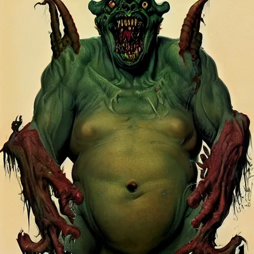 Image similar to upper body portrait of a bloated demonic man, by norman rockwell and boris vallejo, artstation, horror, concept creature character art