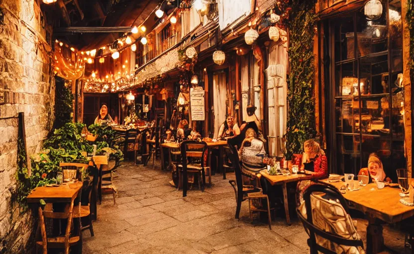 Prompt: medieval tavern, cafe with elves on a date, alleyway, ambient, atmospheric, british, cozy, bokeh, romantic, colorful lanterns