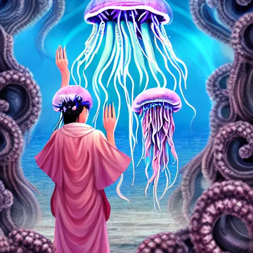 Image similar to A painting of priestesses worshipping at the jellyfish temple, shrouded in mist, jellyfish god, jellyfish priestess, jellyfish shrine maiden, 8K, illustration, art by Kyuyong Eom, smoke, undersea temple with fish, cinematic, insanely detailed and intricate, hypermaximalist, elegant, super detailed, award-winning, magenta and crimson and cyan, rainbow accents, iridescence, bioluminescence, mysterious, ancient, ritual, trending in cgsociety, artstation HQ, ornate, elite, haunting, matte painting, beautiful detailed, insanely intricate details, dreamy and ethereal, otherworldly