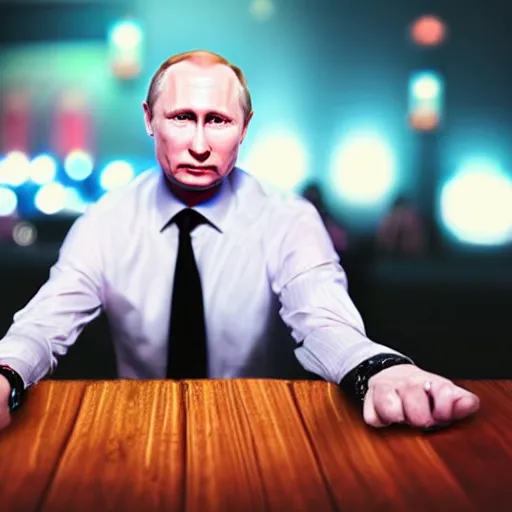 Image similar to a selfie of person looking like vladimir putin sitting on bar, hand on table, rolex watches, taken in night club, blur background, style like real photo