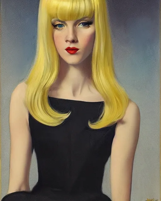 Prompt: portrait 1 9 6 0 s elegant blonde beautiful mod girl, long straight 6 0 s hair with bangs, groovy, by brom, tom bagshaw, sargent