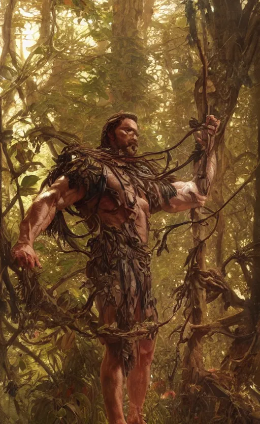 Image similar to god of the forest, 3 0 years old, rugged, male, gorgeous, detailed face, amazing, full body, flowers, muscular, intricate, highly detailed, digital painting, artstation, concept art, sharp focus, illustration, art by greg rutkowski and alphonse mucha