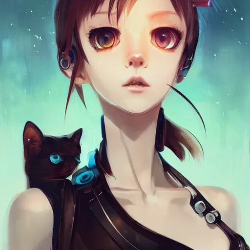 Image similar to A potrait of a cyborg cat with big and cute eyes, fine-face, realistic shaded perfect face, fine details. Very anime style. Realistic shaded lighting poster by Ilya Kuvshinov katsuhiro, magali villeneuve, artgerm, Jeremy Lipkin and Michael Garmash, Rob Rey and Kentarõ Miura style, trending on art station