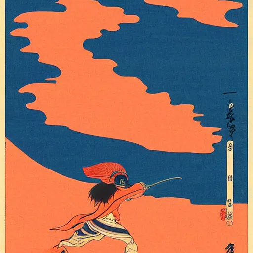 Image similar to a ukiyo - e illustration of running and running to catch up with the sun but it's sinking, blue theme, orange theme, red theme, by liam wong and ian jun wei chiew, featured on concept art world