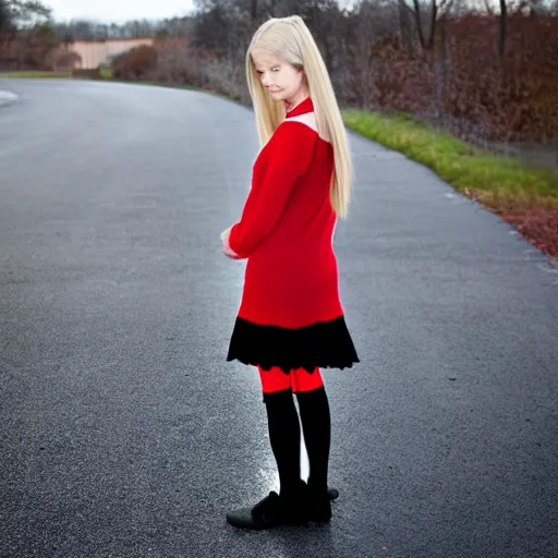 Image similar to of long blond hair teenage girl wearing red sweater with short black skirt and high heal shoes