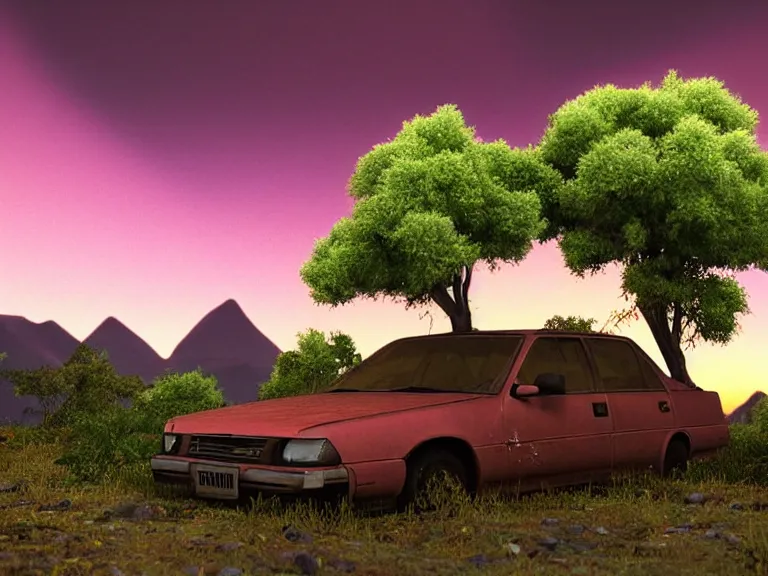 Image similar to low angle shot of tree growing inside scrap car in the foreground. overgrown. soft golden red sunset over the mountains in the background. clouds. detailed leaves, the style of 1 9 9 0's cg graphics against the cloudy night sky, lsd dream emulator psx, 3 d rendered y 2 k aesthetic by ichiro tanida, 3 do magazine, wide shot