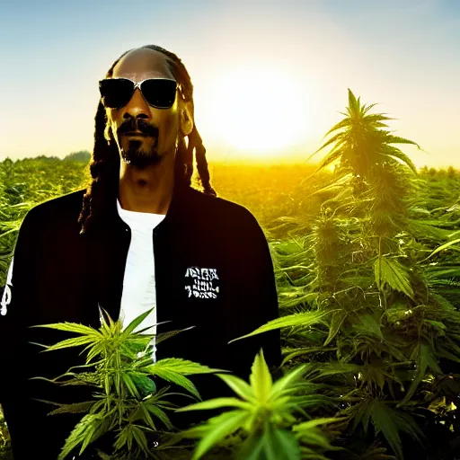 Prompt: a still of Snoop Dogg wearing sunglasses standing in a large field of Marijuana plants. Very shallow depth of field. Magic hour, backlit, lens flare, smoke in the air.