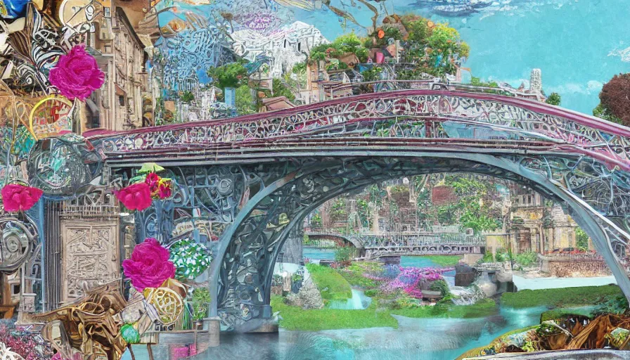 Prompt: detailed bridge with unexpected maximalist elements. 8x HD mixed media 3D collage in the style of an hyperdetailed childbook illustration in soft natural tones. matte background no frame HD