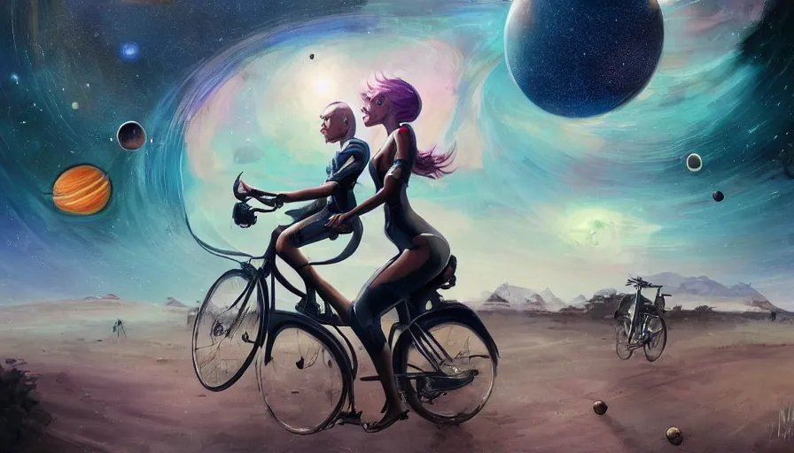 Prompt: sexy woman driving a bike overlooking a luxurious road on interstellar solar system with nearby planets seen from the distance, advanced highway, star trek style, by peter mohrbacher, jeremy mann, francoise nielly, android james, ross tran, beautiful, award winning scenery, clean details, serene, sakura season