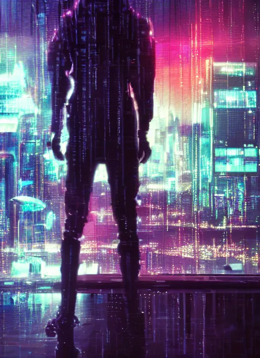 Image similar to lonely cyber person made of cosmic nebula galaxy energy watching a rainy stormy colorful complex cyberpunk futuristic city from behind at night through a window in a room full of wires and screens, 8 k, photorealistic, wet, highly detailed, cinematic mood by ridley scott, ghost in the shell, rendered in octane,, trending on artstation, glowing lights, gloomy, epic composition