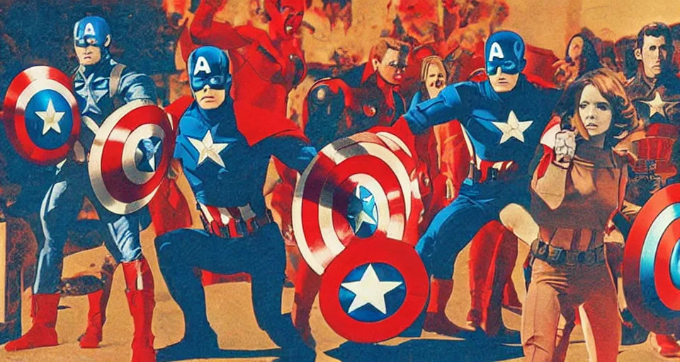 Prompt: A three color offset photography of the Avengers, exhibition, 60s style