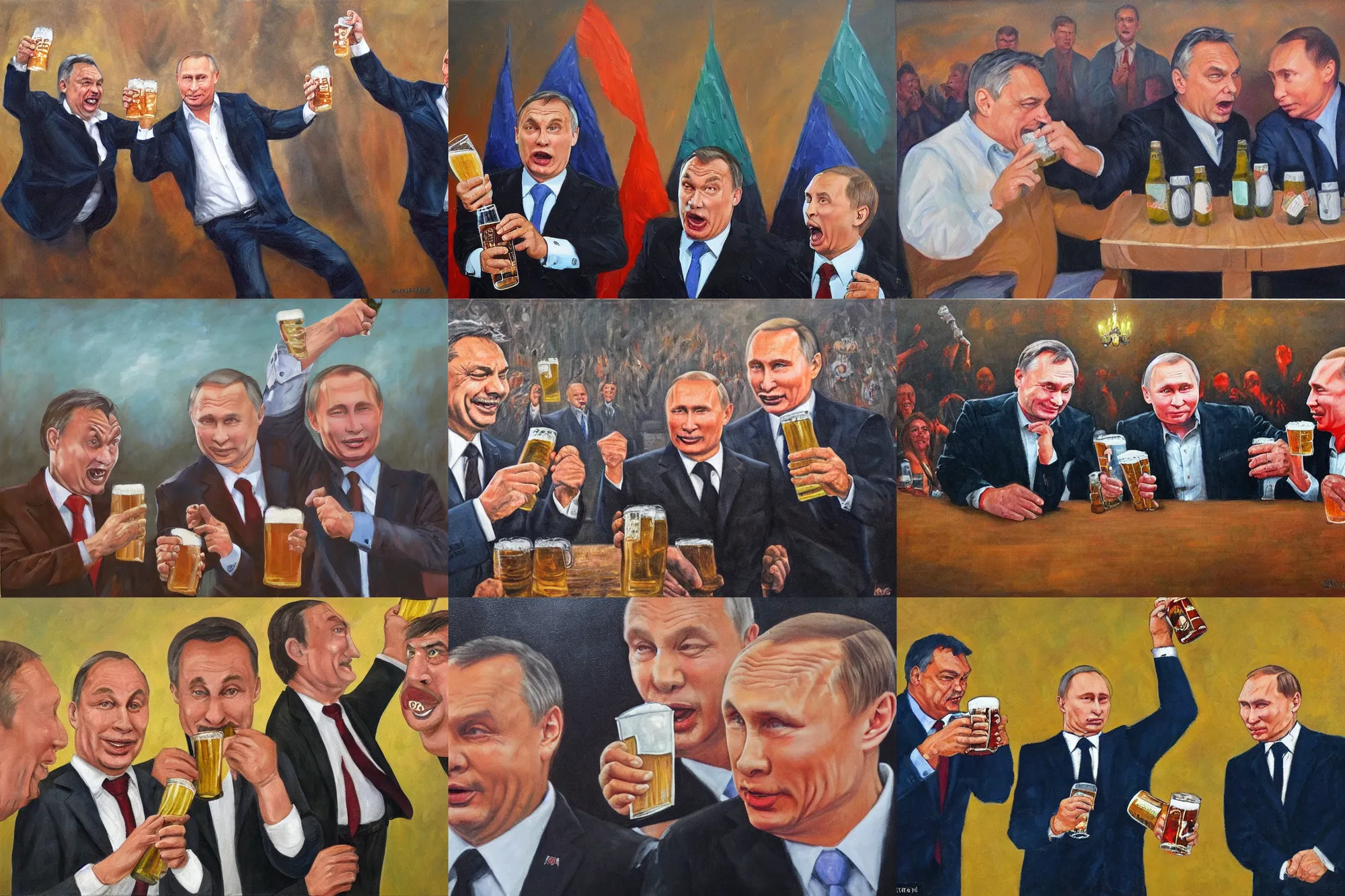 Prompt: viktor orban and putin drinking beer and cheering at the apocalyse, highly detailed, oil on canvas