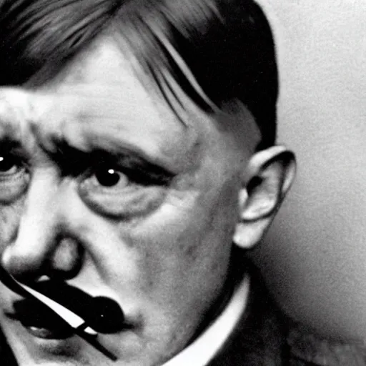 Image similar to photo of adolf hitler pointing a gun to his mouth while crying, before suicide, in the style of martin schoeller