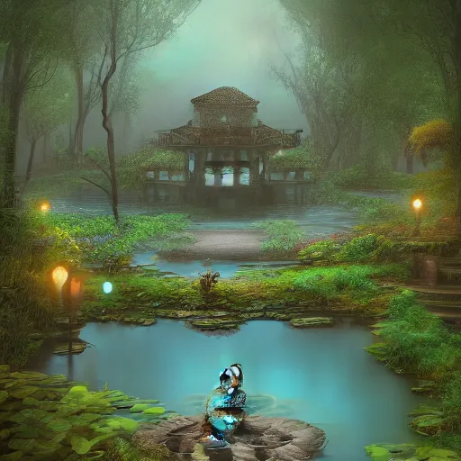 Prompt: beautiful symmetrical an old silent pond a frog jumps into the pond - - splash! silence again machine axonometric fantasy intricate elegant highly detailed in volumetric void of latent space lush flowers surround, realm of the gods golden turquoise steampunk, high contrast cinematic light, mystical shadows, octane render, photographic, concept art, art high renaissance art, unreal engine 8 k