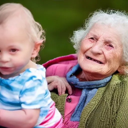 Image similar to An elderly lady has her little 3-year-old baby girl sitting on her lap. They are both happy.