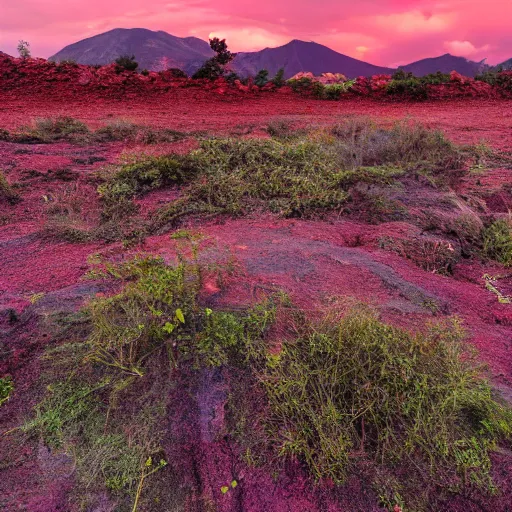 Prompt: the sky is a deep purple, with swirls of pink and orange. the ground is red and rocky, with strange plants growing in patches. there is a river of green liquid, and in the distance, you can see a mountain range.