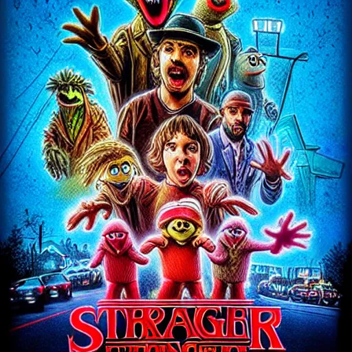 Prompt: the muppets in stranger things, movie poster trending