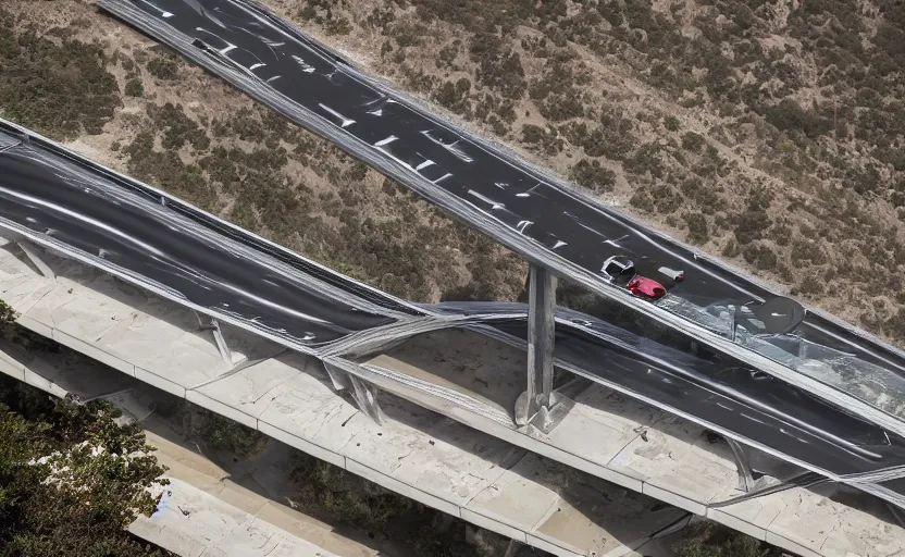 Image similar to valley made of reflective metal, single futuristic car driving on elevated highway