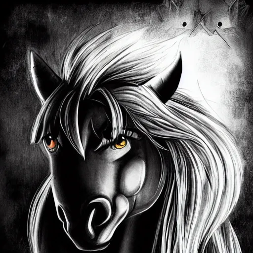 Image similar to my little pony portrait with dark fantasy style, black and white